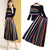 2 Pcs Spring Autumn Women New Clothing Set Knitted Tops Tees and Colorful Rainbow Stripped Pleated Long Skirt Suits NS174