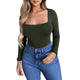 2020 Spring Fashion Women's Shirt Solid Long Sleeve Square-Neck Tops Autumn Ladies Long Tight Bottom Shirt Pullover Mujer