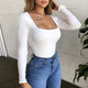 2020 Spring Fashion Women's Shirt Solid Long Sleeve Square-Neck Tops Autumn Ladies Long Tight Bottom Shirt Pullover Mujer