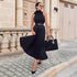2020 Women Elegant Halter Black Dress Female Sleeveless A-line Long Dress Ladies Soild Color Off Shoulder Party Dress D30