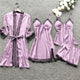 2020 Women Pajamas Sets Satin Sleepwear Silk 4 Pieces Nightwear Pyjama Spaghetti Strap Lace Sleep Lounge Pijama With Chest Pads
