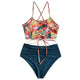 2020 Women's Bohemian Flower Swimsuit Summer Polyester Bikini Set High Waist Wire Free Swimwear Print Green Swimsuit#3