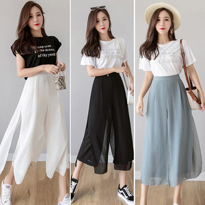 3 Colors High Waist Pants Summer Cool Chiffon Fake Two Pieces High Waist Wide Leg Pants Nine Points Loose Pants Skirt
