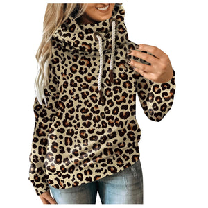 Autumn Winter Leopard Sweatshirts Women Hooded Print Leopard Hoodies Casual Camo Splice Drawstring Pullover Hoodie Fashion Top