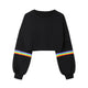 Black Rainbow Striped Patchwork Hoodie O-Neck Long Sleeve Casual Short Sweatshirt Fashion Sexy Womens Pullover Tops Harajuku#Y3