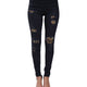 CALOFE Women Plus Size  Waist Skinny Jeans Solid panther Patchwork Irregular Ribbed Holes Pencil Pant Stretch Slim Trouser