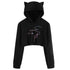 Cosy Cat ear print drawstring Long Sleeve Cropped Hoodies Sweatshirt Women Cat Hooded Pullover Crop Tops Clothes harajuku