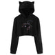Cosy Cat ear print drawstring Long Sleeve Cropped Hoodies Sweatshirt Women Cat Hooded Pullover Crop Tops Clothes harajuku