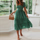 FREE OSTRICH Dress Women Square Collar Mid-Calf Pleated Puff Sleeve Empire Bohemian  Current Elegant Graceful Long Dress Summer