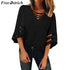 FREE OSTRICH Women Shirts Flare Sleeve Vneck Solid Color Patchwork Half Black Loose Trend Honorable Elegant Summer Blouse Shirts