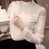 Fashion Elegant Women Shirt Crochet Slim Tops Solid Embroidery Long Sleeve Formal White Blouse