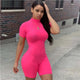 Fitness Women Streetwear Neon Bodysuit Women Mock Neck Short Sleeve Casual Playsuit High Elastic Sexy Tight Sports Overalls 2020