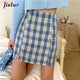 Jielur Plaid Summer Skirt 2020 New Jupe Femme Slim Skirt High Waist Mini Skirts Womens Split Blue Chic Skirt S-L