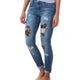 LASPERAL Womens Plus Size High Waist Jeans Solid Leopard Patchwork Irregular Ribbed Holes Pencil Pants Stretch Slim Trouser