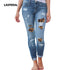 LASPERAL Womens Plus Size High Waist Jeans Solid Leopard Patchwork Irregular Ribbed Holes Pencil Pants Stretch Slim Trouser