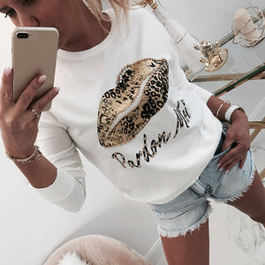 Long Sleeve Women Blouse And Tops Shirt Autumn Lips Letter Printed White Ladies Blouse For Female Tops Shirt O Neck Beading D30