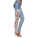 Plus Size Jeans For Women High Waist Pants Hollow Out Slim Lace Patchwork Jeans Female Sexy Zipper Button Jeans ropa mujer  #YJ2