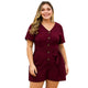 Summer Bodysuits Women's Playsuits Plus Size V-neck Short Sleeve Belt Short Overalls Jumpsuit Casual Bodysuit Button Wide-leg
