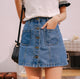 TITAME Denim Skirt High Waist A-line Mini Skirts Women Single Button Pockets Blue Jean Skirt Girls Mini Skirt Jeans Skirt