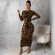 Women Leopard Long Sleeve Dress Evening Party Dresses  Autumn Winter Bodycon Ankle-Length Slim Elegant High Waist  Plus Size