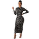 Women Leopard Long Sleeve Dress Evening Party Dresses  Autumn Winter Bodycon Ankle-Length Slim Elegant High Waist  Plus Size