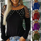 new t shirt women Tops Plus Size Female Clothing Fashion Casual Crew Neck Hollow-Out Studded Women Long Sleeve t-shirt